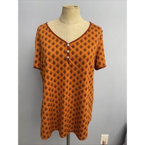 Women XL Dark Orange Geometric Blouse Stretch Top V Neck Cutout Sleeve Boho Fall